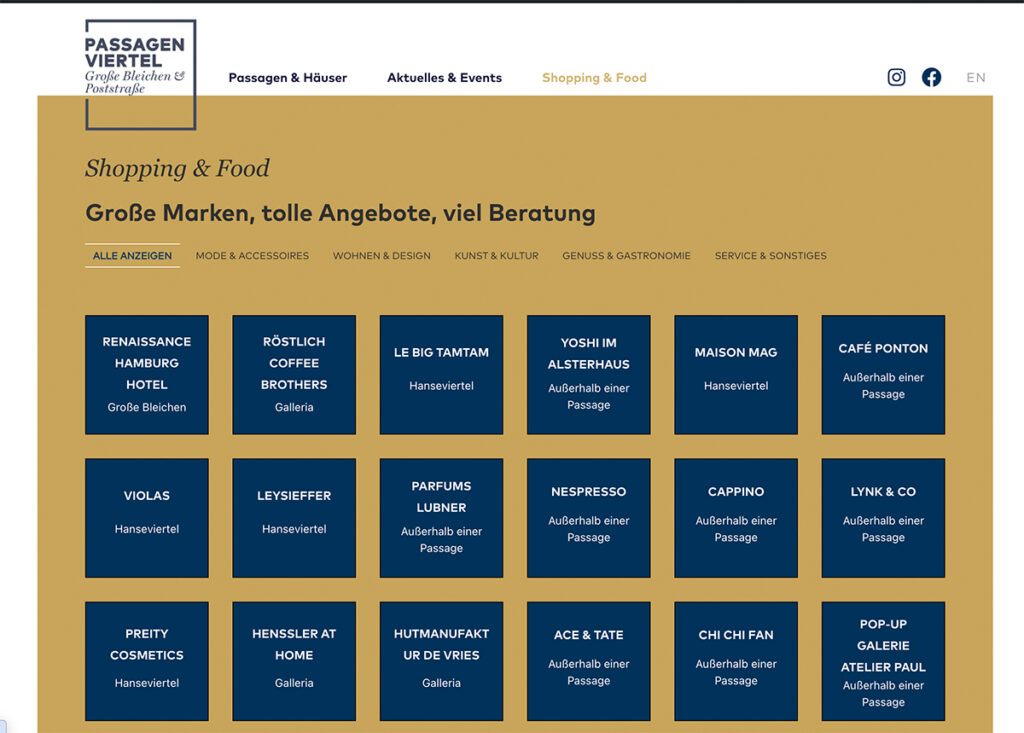 Seite Shopping & Food der Website des Passagenviertels Hamburg