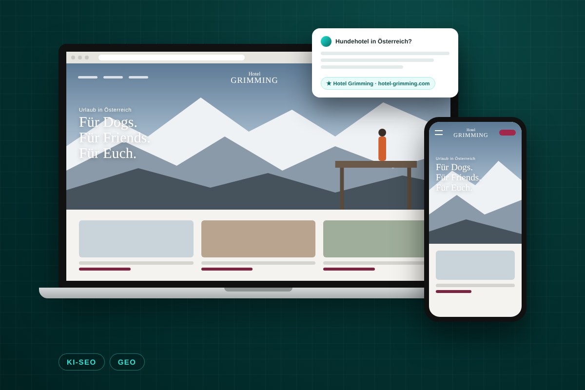 Mockup der Website von Hotel Grimming mit KI-Antwort – KI-SEO-Referenz