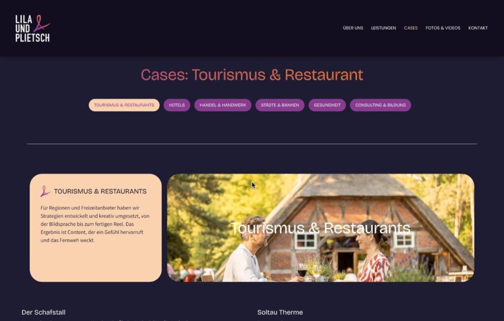 Case-Seite Tourismus & Restaurants der Website von Lila & Plietsch
