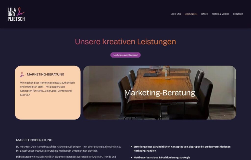 Leistungsseite der Website von Lila & Plietsch