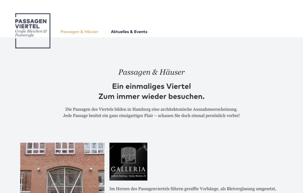 Seite Passagen & Häuser der Website des Passagenviertels Hamburg