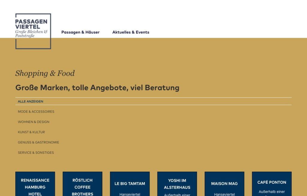 Seite Shopping & Food der Website des Passagenviertels Hamburg