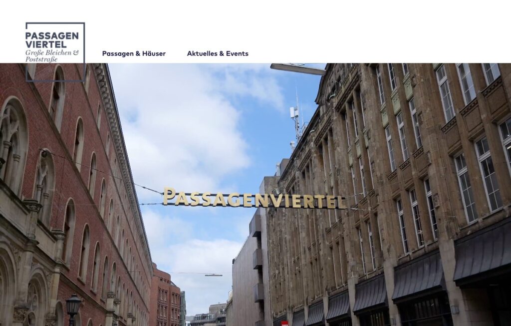 Startseite der Website des Passagenviertels Hamburg – umgesetzt mit WordPress und Elementor Pro